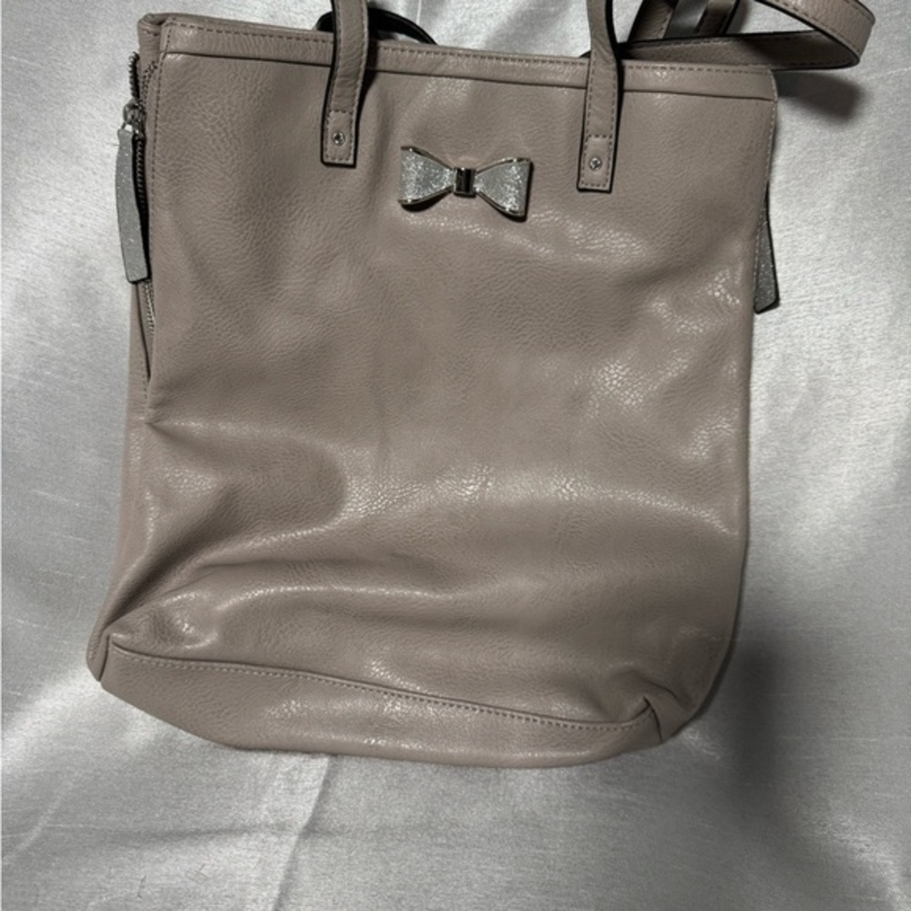 Candies Gray Faux Leather Tote Bag Sparkly Bow Zipper Accent
